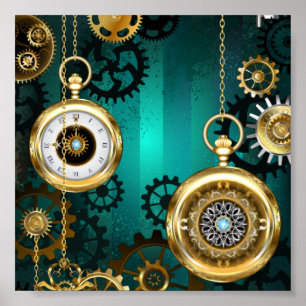 Póster Steampunk Jewelry Watch sobre un fondo verde