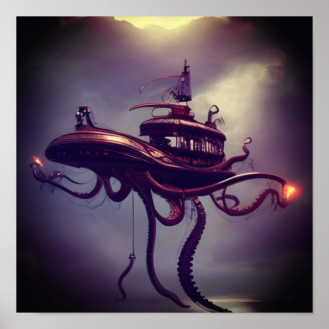 Póster Steampunk Octopus Ship Fantasy Art (Frente)