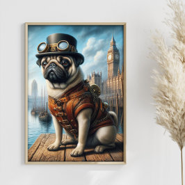 Póster Steampunk Pug Surreal Art Old London Docks
