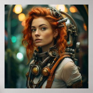 Póster Steampunk Redhead Warrior Chica