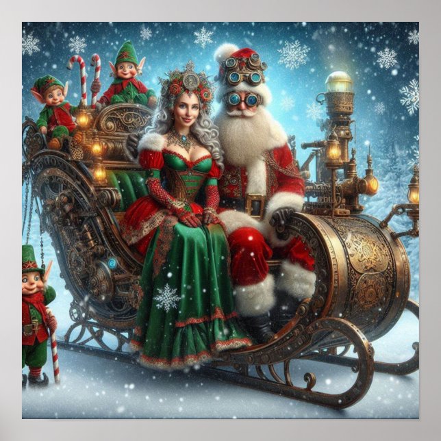Póster Steampunk Sled ~ Santa Con Esposa Y Elfos (Frente)