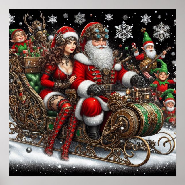 Póster Steampunk Sled ~ Santa Con Esposa Y Elves 02 XX (Frente)