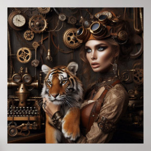 Póster Steampunk-Time Machine Chica joven y tigre 80-4