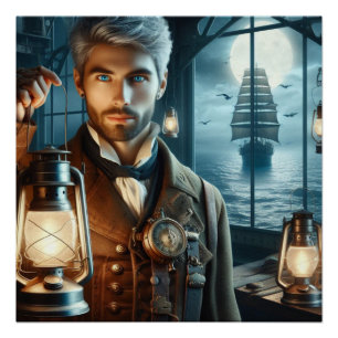Póster Steampunk Vintage Victorian Lighthouse Keeper