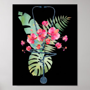 Póster Stethoscope Flores Tropicales Summer Aloha Hawaii