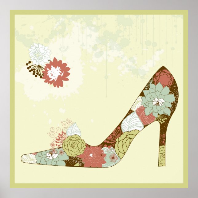 Póster Stiletto Zapatos Florales Acento Beige Marrón Y Ve (Frente)
