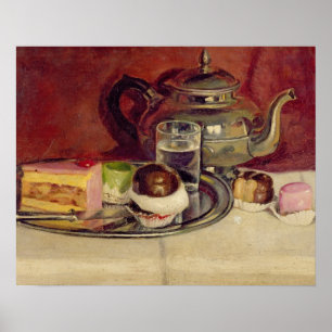 Póster Still Life with Cakes and a Silver Teapot (oil on