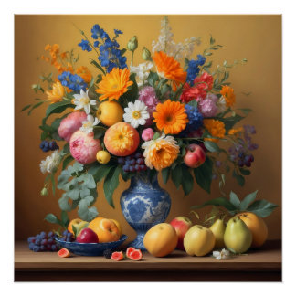 Póster Stilleven met Bloemen in Delftbaluwe vaas en Fruit