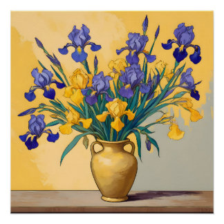 Póster Stilleven met Gele en Blauwe Irissen in een Gouden