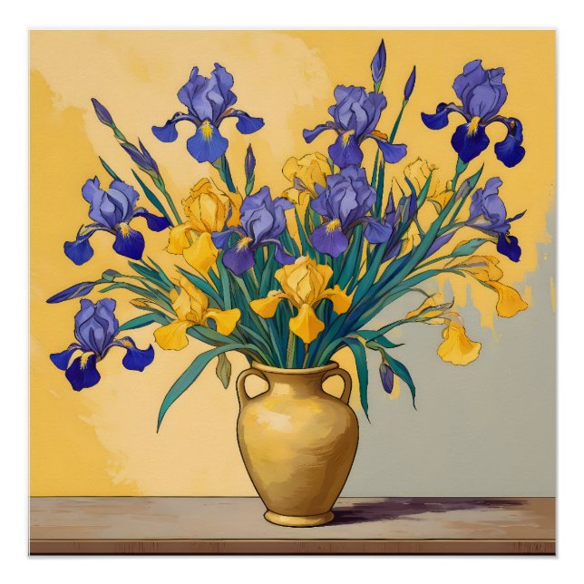 Póster Stilleven met Gele en Blauwe Irissen in een Gouden (Anverso)