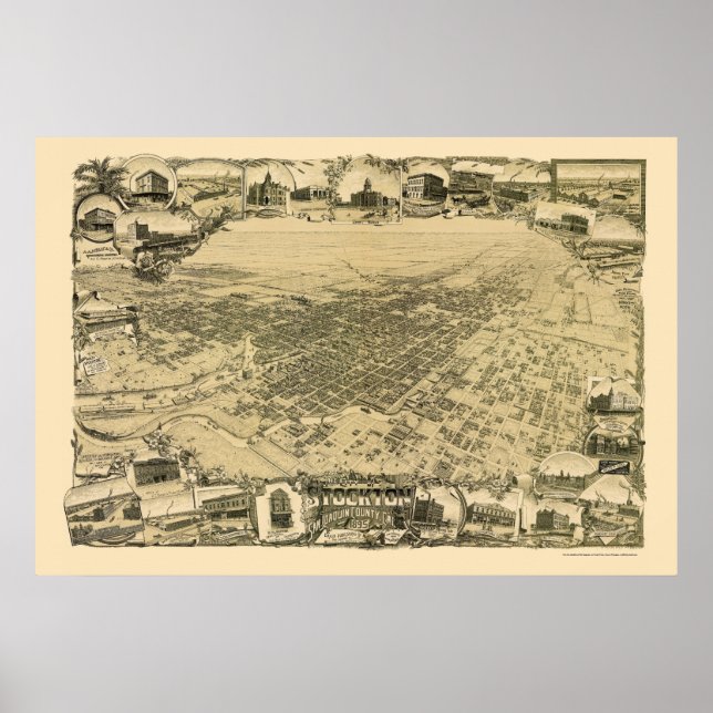 Póster Stockton, CA Mapa Panorámico - 1895 (Frente)