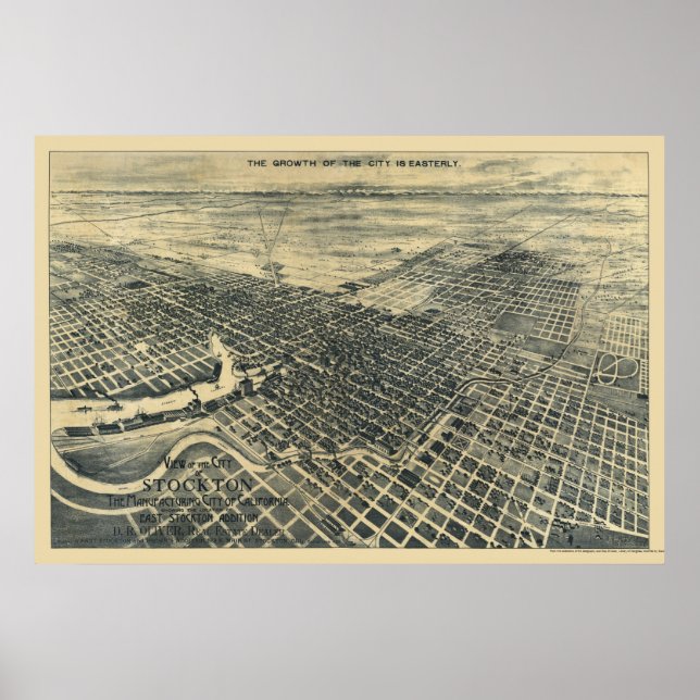 Póster Stockton, CA Mapa Panorámico - 1895 (Frente)