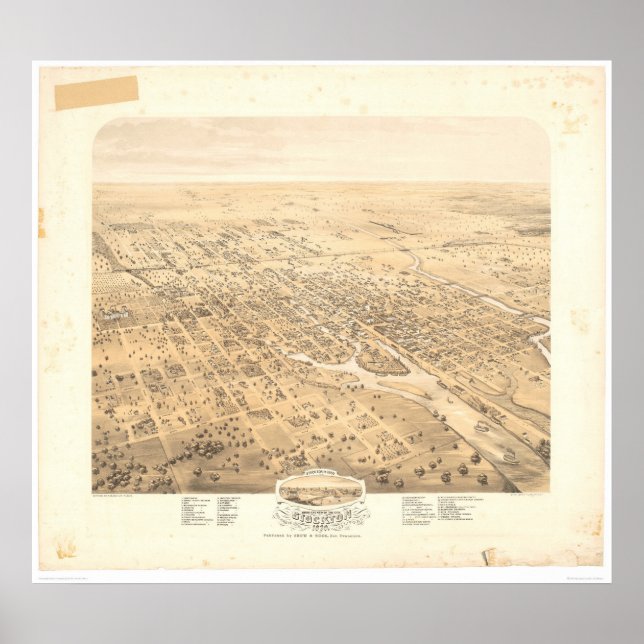 Póster Stockton, CA Panoramic Map 1870 (1667A)-Unrestored (Frente)
