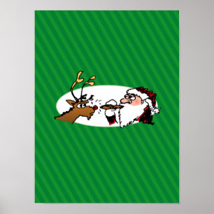 Póster Stogie Santa and Reindeer on Green Stripes