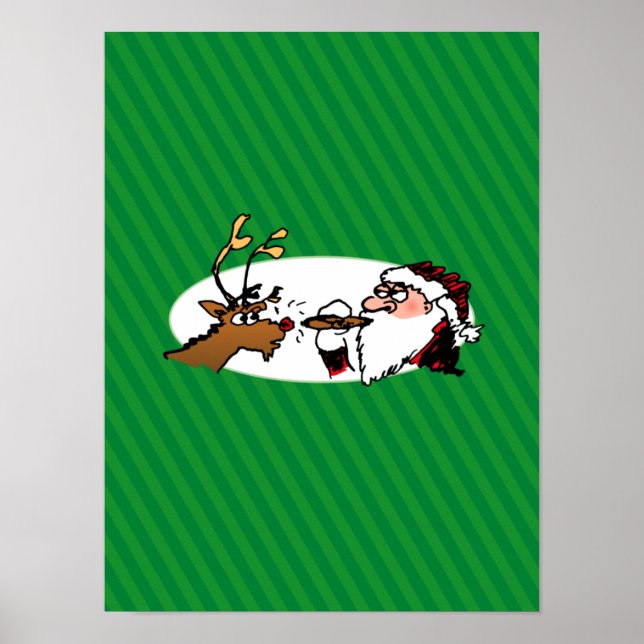 Póster Stogie Santa and Reindeer on Green Stripes (Frente)