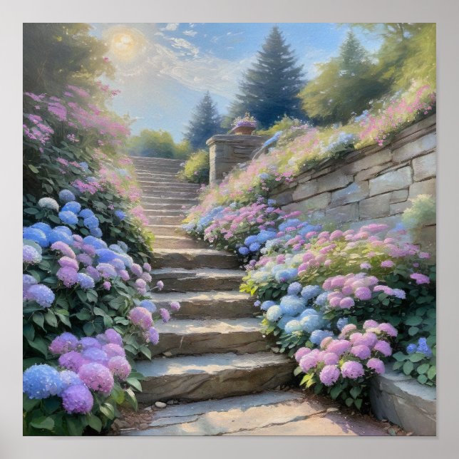 Póster Stone Garden Stairway with Hydrangeas Romantic  (Frente)