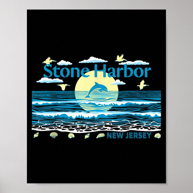 Póster Stone Harbor NJ Delfín Pelícano Olas Playa (Frente)