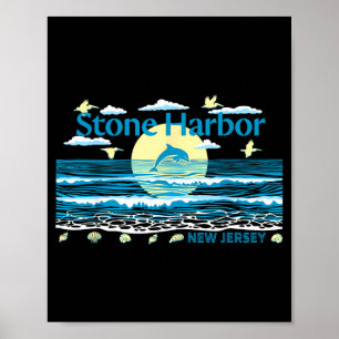 Póster Stone Harbor NJ delfín pelícano olas playa