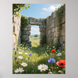 Póster Stone Wall Ruin Meadow Flowers Art