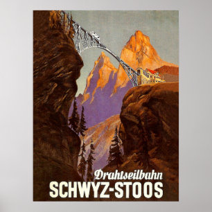 Póster Stoos, ferrocarril, tren sobre puente, Suiza