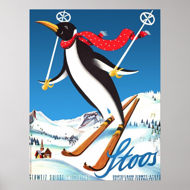 Póster Stoos, Pingüino en un esquí, montañas de Suiza (Frente)