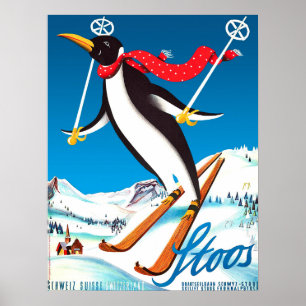 Póster Stoos, Pingüino en una pista de esquí, montañas de