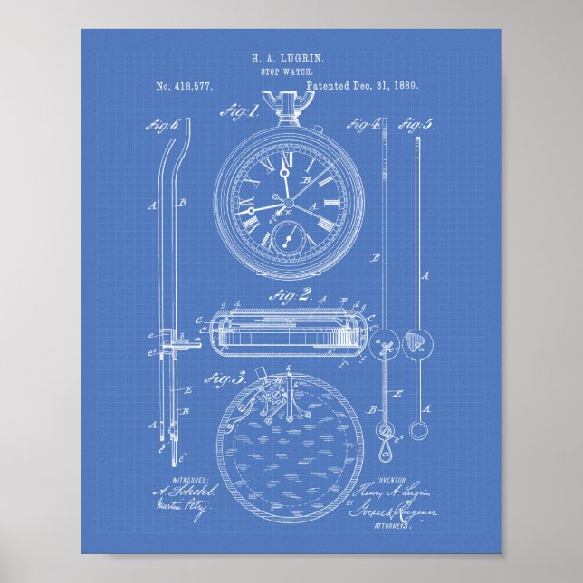 Póster Stop Watch 1889 Patent Art Blueprint (Frente)