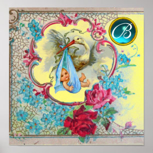Póster STORK BABY BOY SHOWER Gem Stone Monogram Yellow