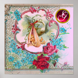 Póster STORK BABY GIRL SHOWER Ruby Gem Stone Monogram