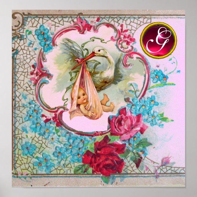 Póster STORK BABY GIRL SHOWER Ruby Gem Stone Monogram (Frente)