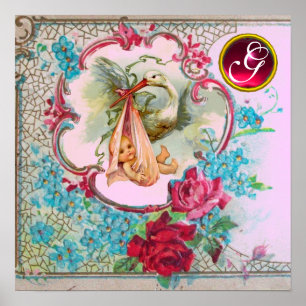 Póster STORK BABY GIRL SHOWER Ruby Gem Stone Monogram