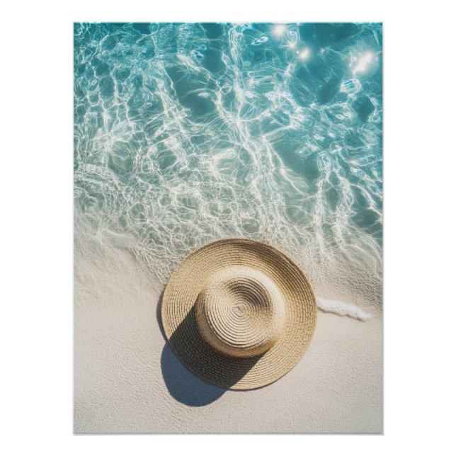 Póster Straw Hat on White Sand by Sparkling Ocean (Anverso)