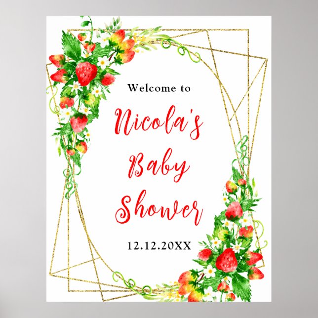 Póster Strawberries and Daisies Baby Shower Welcome (Frente)