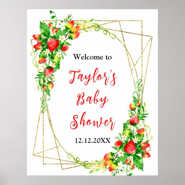 Póster Strawberries and Daisies Baby Shower Welcome Sign (Frente)