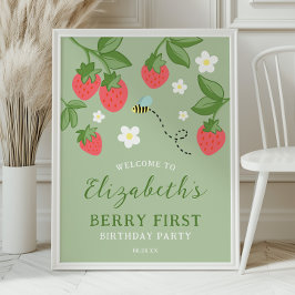 Póster Strawberry Berry First Birthday Party Welcome