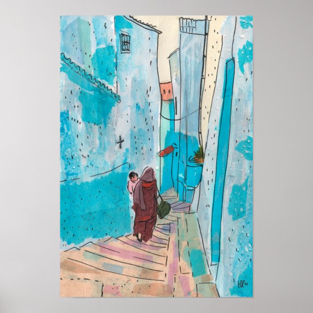 Póster Street of Chefchaouen Morocco Paper Collage Sketch (Frente)