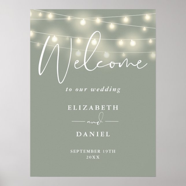 Póster String Lights Sage Green Wedding Welcome Sign (Frente)