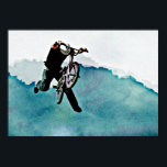 Póster Stunt de bicicleta BMX de estilo libre<br><div class="desc">Un audaz truco en bicicleta en medio del aire después de subirse a una empinada rampa. Colores vivos azules en un estilo artístico fresco y divertido. Añada un nombre o negocio a personalizar para los entusiastas de bmx extremos,  propietarios de tiendas deportivas,  etc.</div>