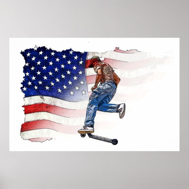 Póster Stunt Scooter Rider y la bandera de los Estados Un (Frente)