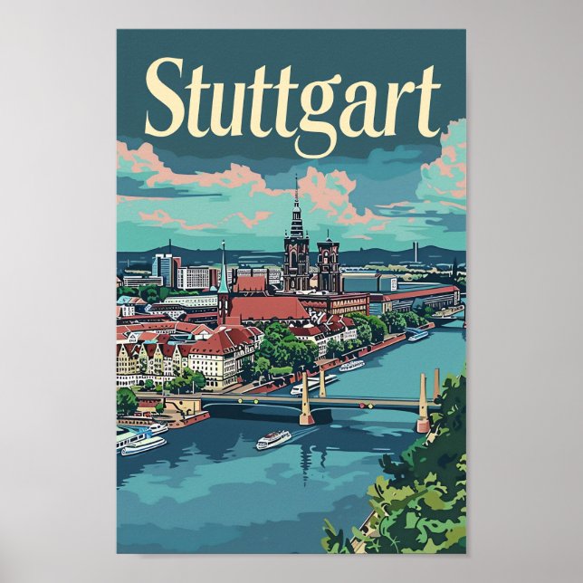 Póster Stuttgart Alemania Ilustracion de Viajes Vintage (Frente)