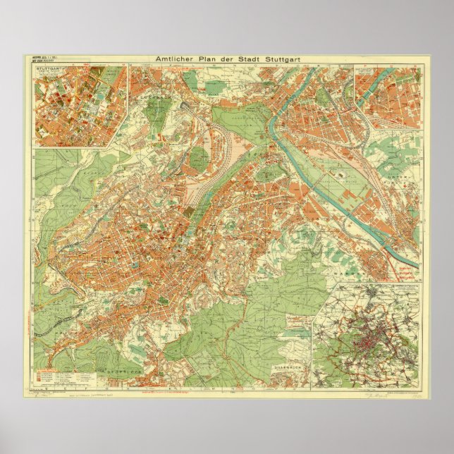 Póster Stuttgart Map, Stuttgart Germany, Germany Map 1954 (Frente)