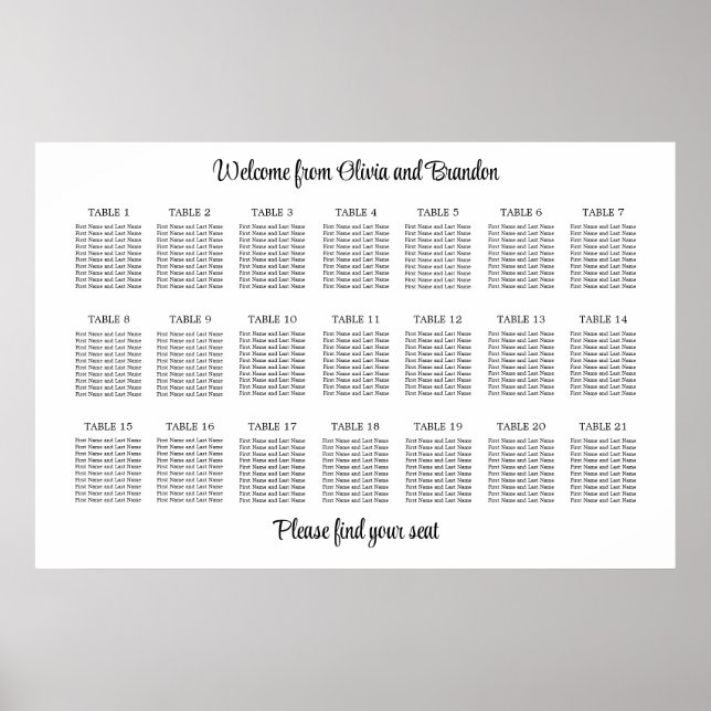 Póster Stylish 21 Table Wedding Seating Chart Poster (Frente)