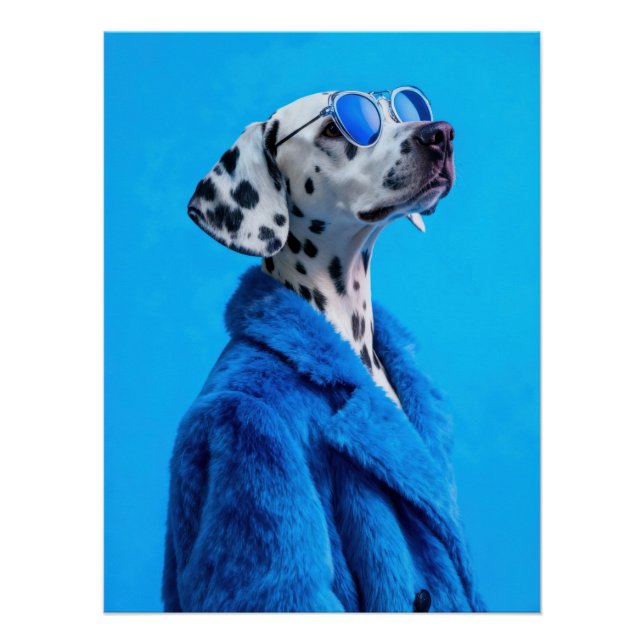 Póster Stylish Dalmatian Dog Portrait in Blue Fur Coat (Anverso)