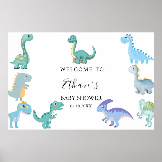 Póster Stylish Dinosaur Baby Shower White (Frente)