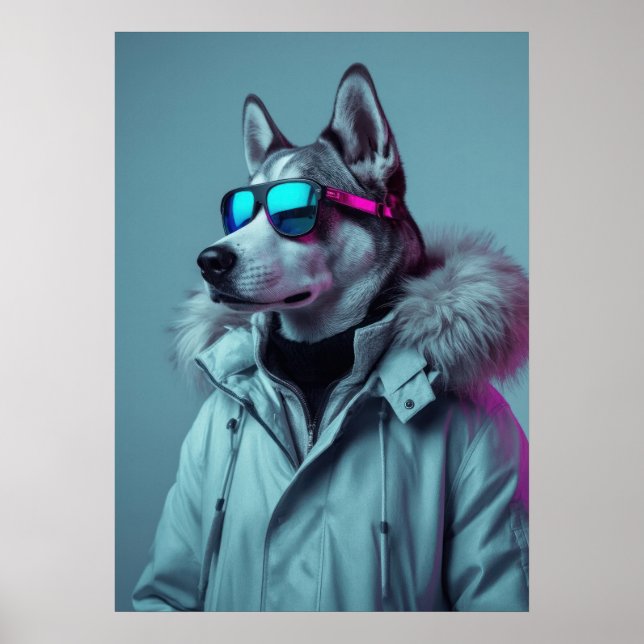 Póster Stylish Husky in Winter Jacket Neon Art (Frente)