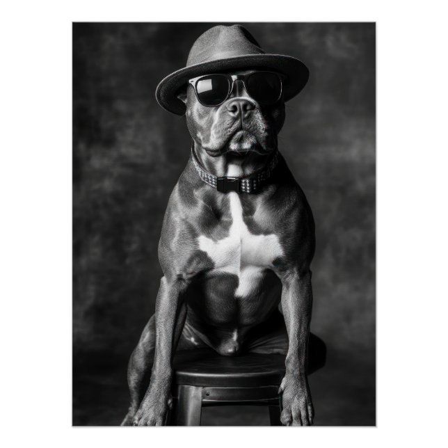Póster Stylish Pitbull with Hat and Sunglasses (Anverso)