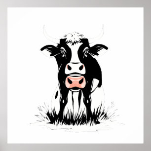 Póster Stylized Black and White Cow Illustration