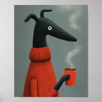 Póster Stylized Black Dog Coffee Art