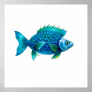 Póster Stylized Blue and Green Fantasy Fish