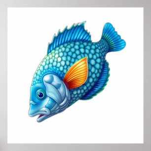 Póster Stylized Blue Fish with Orange Fin